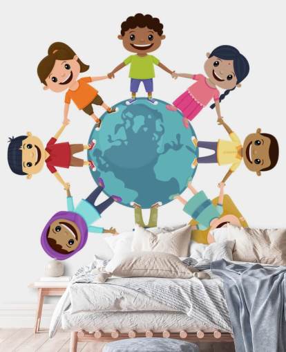 Mural de parede de crianças sorridentes de mãos dadas em todo o mundo para escolas Mural de parede de crianças sorridentes de mãos dadas em todo o mundo para escolas