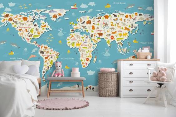 Colorful Animals World Map Wall Mural