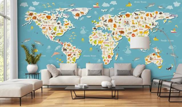 Colorful Animals World Map Wall Mural