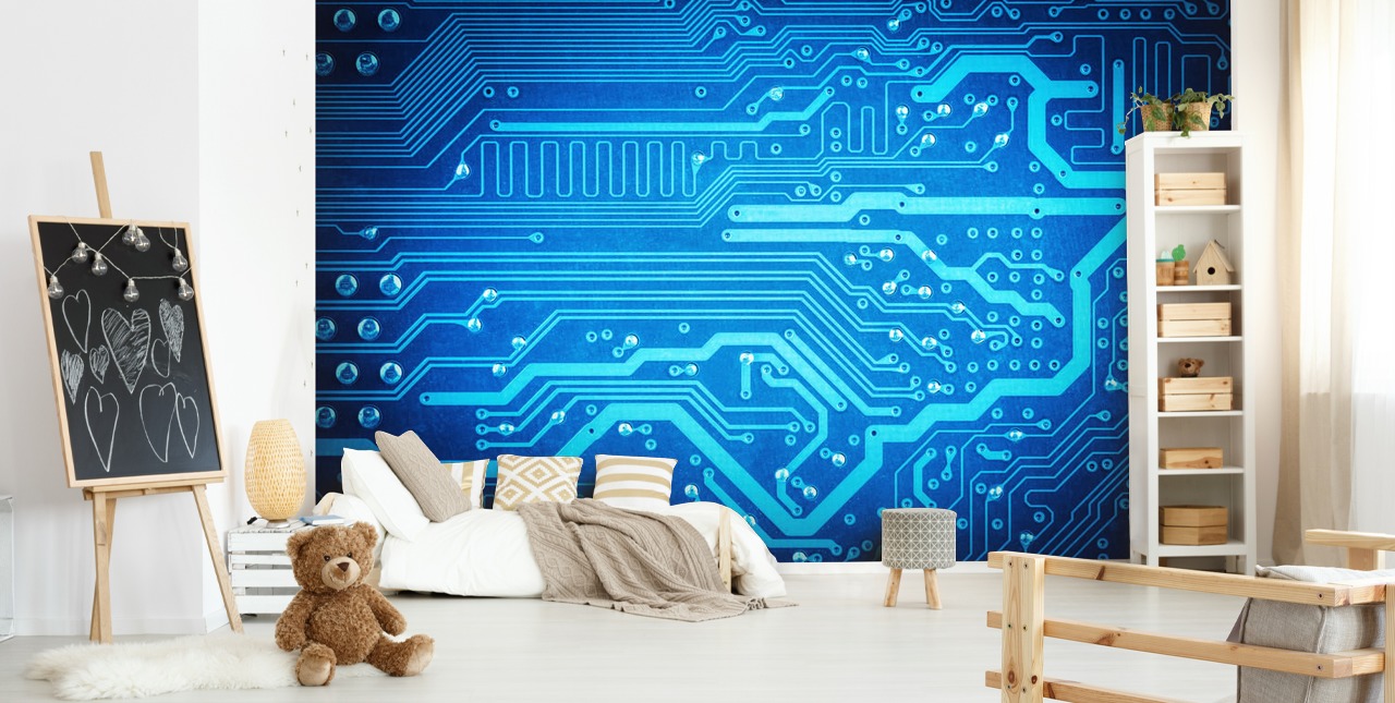 blå anpassningsbar speltapet kallad Circuit Board för tonåringens sovrum blå anpassningsbar speltapet kallad Circuit Board för tonåringens sovrum