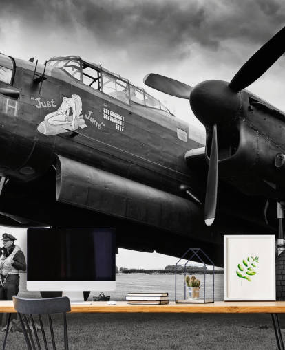 zwart-wit RAF behangmuurschildering genaamd Avro Lancaster and Crew voor kantoren, woonkamers en bedrijven zwart-wit RAF behangmuurschildering genaamd Avro Lancaster and Crew voor kantoren, woonkamers en bedrijven