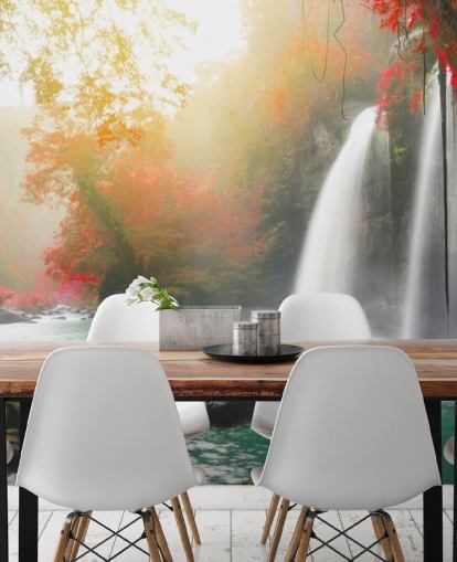 red leafed trees and misty waterfall wallpaper red leafed trees and misty waterfall wallpaper