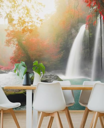 red leafed trees and misty waterfall wallpaper red leafed trees and misty waterfall wallpaper