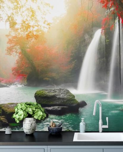 röda bladträd och dimmiga vattenfall tapeter röda bladträd och dimmiga vattenfall tapeter