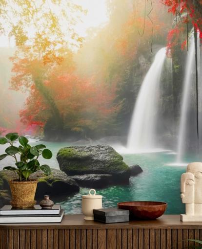 rote Laubbäume und nebliger Wasserfall Tapete rote Laubbäume und nebliger Wasserfall Tapete