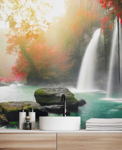 røde bladede træer og tåget vandfald tapet røde bladede træer og tåget vandfald tapet