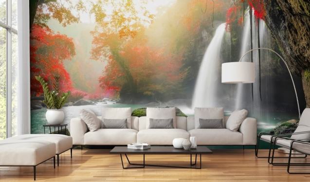 red leafed trees and misty waterfall wallpaper
