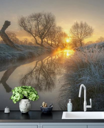 Sunset Frosty River Muurschildering Sunset Frosty River Muurschildering