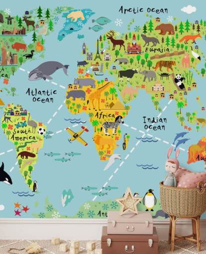 kleurrijke kindvriendelijke wereldkaart muurschildering genaamd Cartoon World Map with Animals voor kinderkamers en scholen kleurrijke kindvriendelijke wereldkaart muurschildering genaamd Cartoon World Map with Animals voor kinderkamers en scholen