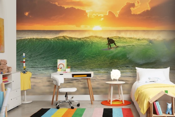 Surfer on Wave in the Evening Wallpaper