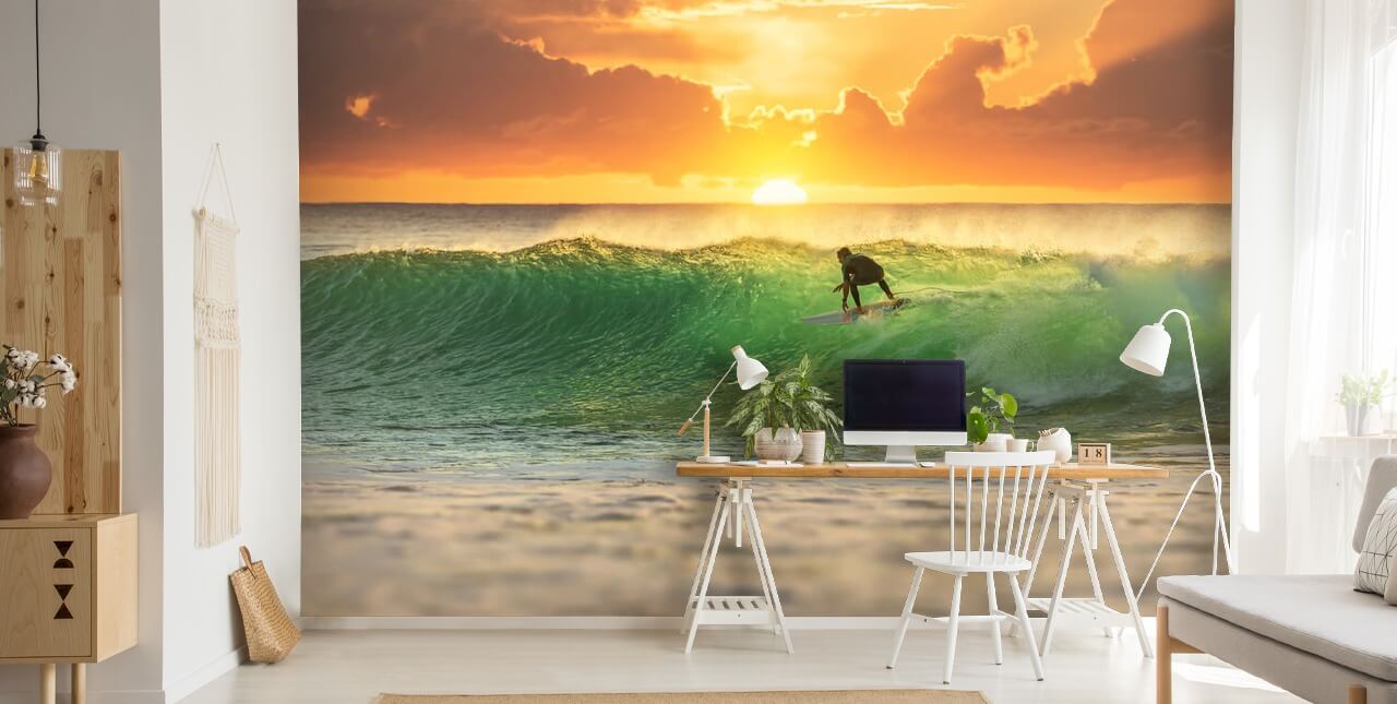 Surfer on Wave in the Evening Bakgrunn Surfer on Wave in the Evening Bakgrunn