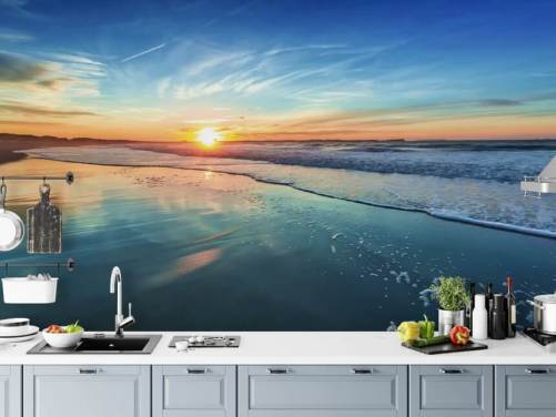 Sunset on Blue Beach Wallpaper