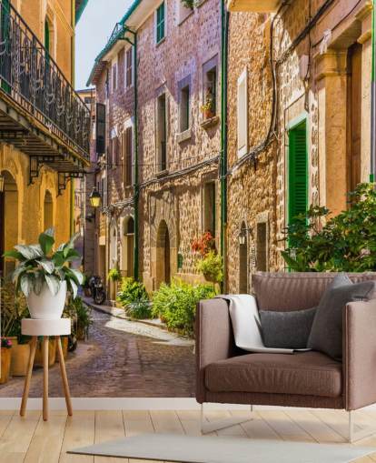 Pittoresk gata i en gammal medelhavsby väggmålning Pittoresk gata i en gammal medelhavsby väggmålning