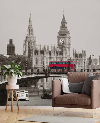 monochrome custom London wallpaper mural called London Bus on Lambeth Bridge for living rooms, bedrooms and offices monochrome custom London wallpaper mural called London Bus on Lambeth Bridge for living rooms, bedrooms and offices
