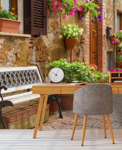 Decorazione murale con panca esterna rustica Decorazione murale con panca esterna rustica