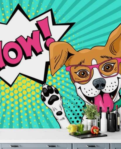 Funny surprised dog in glasses with open mouth rising his paws up pop art mural Funny surprised dog in glasses with open mouth rising his paws up pop art mural