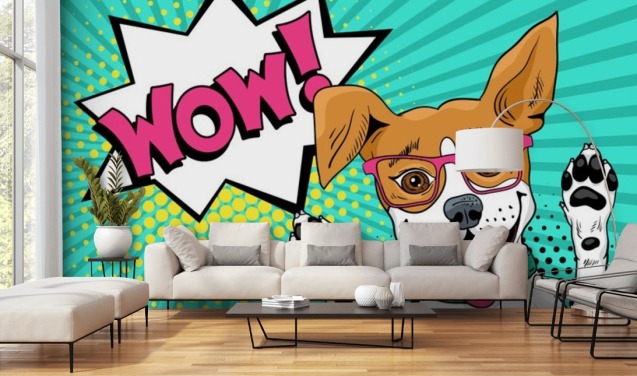 Sjov overrasket hund i briller med åben mund hæver poterne op i pop art vægmaleri