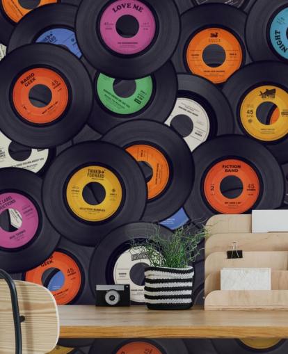 black vinyl wallpaper mural called Vinyl Records for bedrooms, man caves and venues black vinyl wallpaper mural called Vinyl Records for bedrooms, man caves and venues