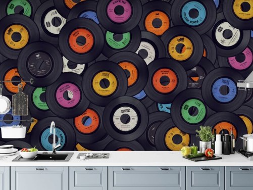 carta da parati murale in vinile nero chiamata Vinyl Records per camere da letto, grotte e luoghi