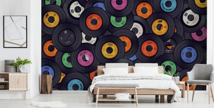 black vinyl wallpaper mural called Vinyl Records for bedrooms, man caves and venues