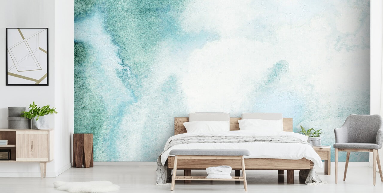 Blauw en groen abstract aquarelbehang