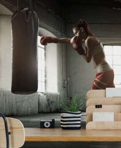 Treino de boxe jovem em um antigo mural de parede de prédio Treino de boxe jovem em um antigo mural de parede de prédio