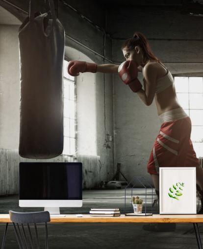Young woman boxing workout in an old building wall mural Young woman boxing workout in an old building wall mural