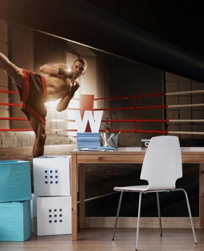 Young Male Boxer Kicking in Ring Wallpaper Mural Young Male Boxer Kicking in Ring Wallpaper Mural