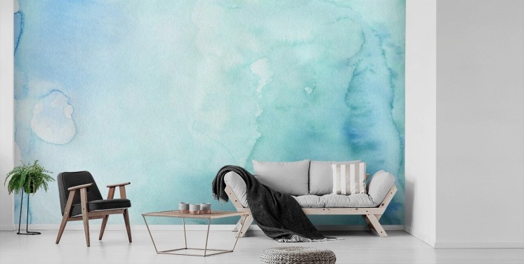 Zacht blauw en wit aquarelbehang 