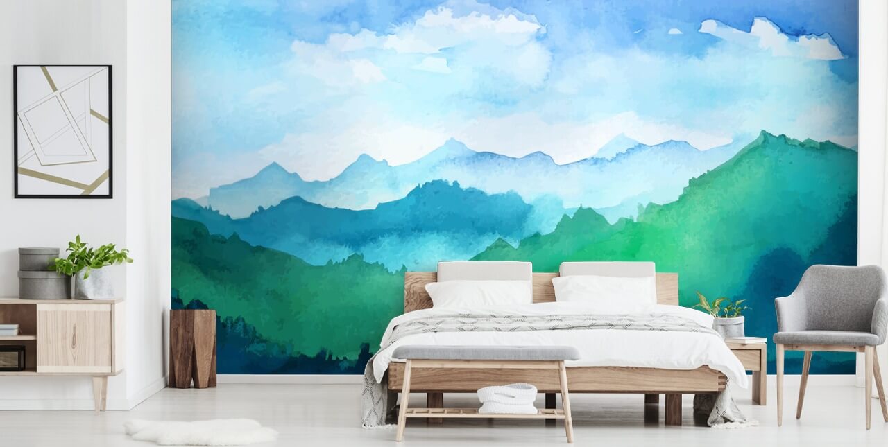 groene en blauwe aquarelbehangmuurschildering genaamd Watercolour Mountains voor slaapkamers