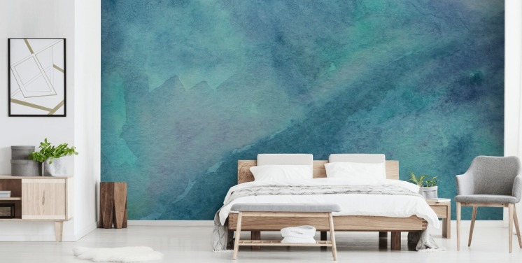 turkos tapetväggmålning kallad Abstract Turquoise Watercolor för vardagsrum, badrum och sovrum
