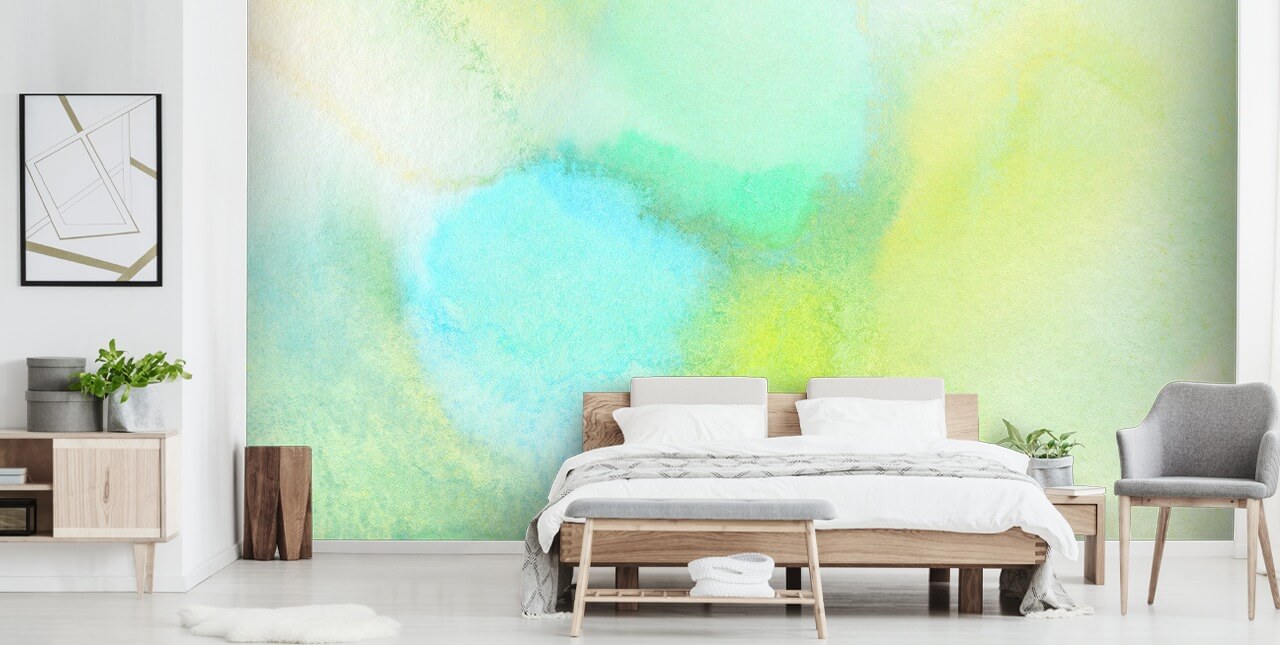 gele en groene aquarel muurschildering genaamd Yellow and Green Watercolour voor slaapkamers, woonkamers en keukens