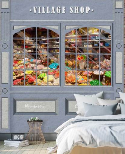 kundenspezifisches Fassadentapetenwandbild namens Village Shop für Pflegeheime kundenspezifisches Fassadentapetenwandbild namens Village Shop für Pflegeheime