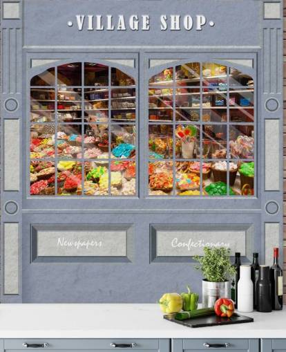 carta da parati murale personalizzata per facciate chiamata Village Shop per case di cura carta da parati murale personalizzata per facciate chiamata Village Shop per case di cura