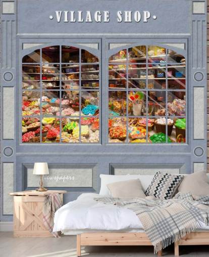 mural de papel de parede de fachada personalizado chamado Village Shop para casas de repouso mural de papel de parede de fachada personalizado chamado Village Shop para casas de repouso