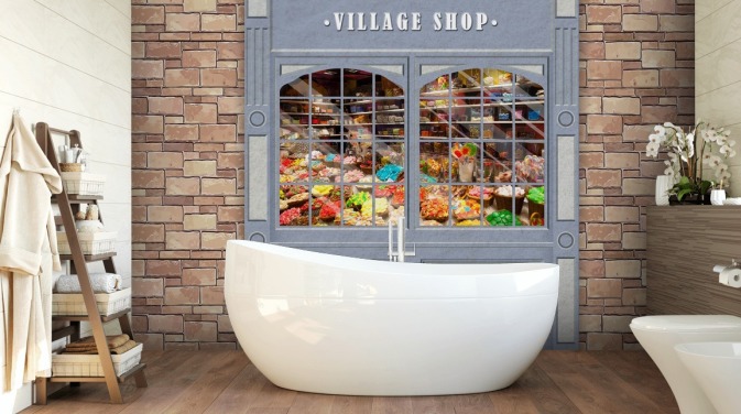 op maat gemaakte gevelbehangmuurschildering genaamd Village Shop voor verzorgingstehuizen