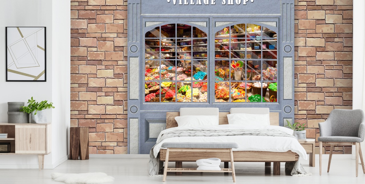 mukautettu julkisivutapettiseinämaalaus nimeltä Village Shop hoivakodeille