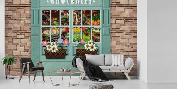papier peint mural de façade personnalisé appelé Groceries for care homes