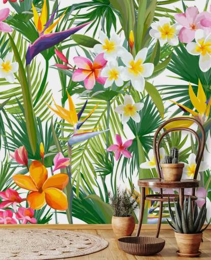 farverigt bladtapet vægmaleri kaldet Tropical Palm Leaves and Flowers til badeværelser og soveværelser farverigt bladtapet vægmaleri kaldet Tropical Palm Leaves and Flowers til badeværelser og soveværelser