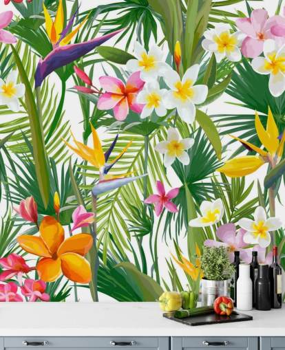 colourful leaf wallpaper mural called Tropical Palm Leaves and Flowers for bathrooms and bedrooms colourful leaf wallpaper mural called Tropical Palm Leaves and Flowers for bathrooms and bedrooms