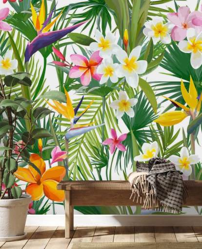 kleurrijke bladbehangmuurschildering genaamd Tropical Palm Leaves and Flowers voor badkamers en slaapkamers kleurrijke bladbehangmuurschildering genaamd Tropical Palm Leaves and Flowers voor badkamers en slaapkamers