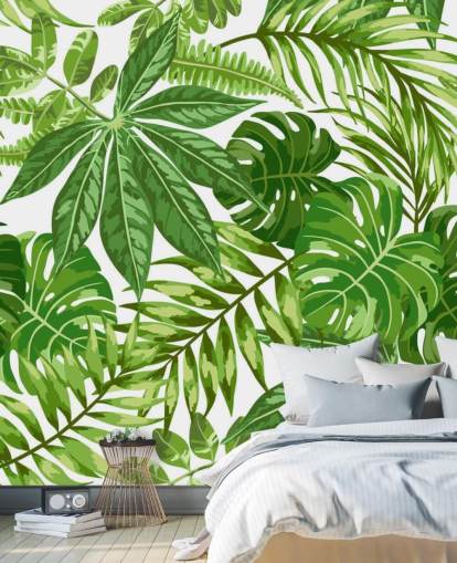 mural de papel de parede de folhas verdes e brancas chamado Exotic Leaf Pattern para quartos, banheiros e corredores mural de papel de parede de folhas verdes e brancas chamado Exotic Leaf Pattern para quartos, banheiros e corredores