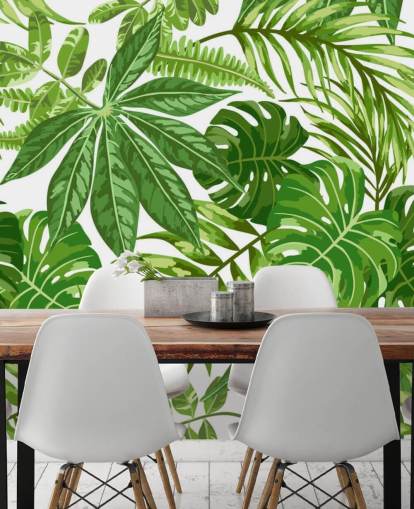 mural de papel de parede de folhas verdes e brancas chamado Exotic Leaf Pattern para quartos, banheiros e corredores mural de papel de parede de folhas verdes e brancas chamado Exotic Leaf Pattern para quartos, banheiros e corredores