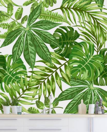 mural de papel pintado de hojas verdes y blancas llamado Exotic Leaf Pattern para dormitorios, baños y pasillos mural de papel pintado de hojas verdes y blancas llamado Exotic Leaf Pattern para dormitorios, baños y pasillos