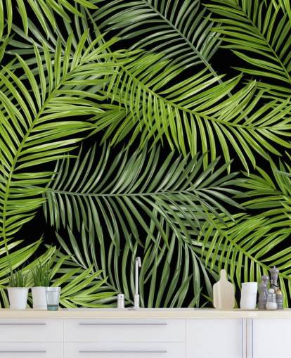 svart och grönt palmblad tapetväggmålning kallad Tropical Palm Leaves Pattern för vardagsrum, sovrum och matsalar svart och grönt palmblad tapetväggmålning kallad Tropical Palm Leaves Pattern för vardagsrum, sovrum och matsalar