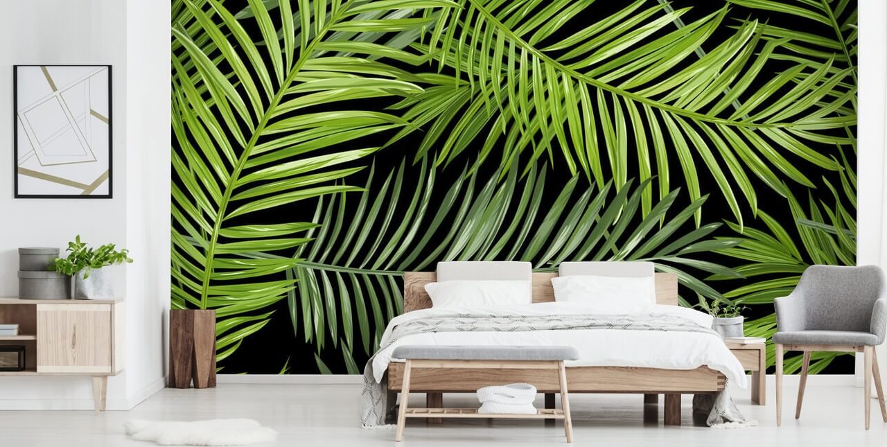 sort og grøn palmeblad tapet vægmaleri kaldet Tropical Palm Leaves Pattern til stuer, soveværelser og spisestuer sort og grøn palmeblad tapet vægmaleri kaldet Tropical Palm Leaves Pattern til stuer, soveværelser og spisestuer