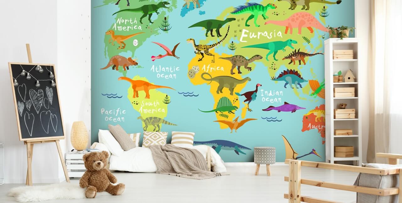 dinosaurs on a kids map wallpaper