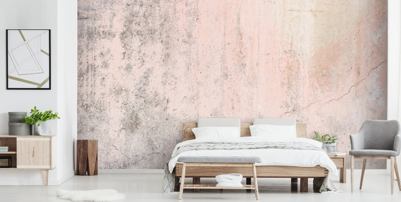 roze betonnen behangmuurschildering genaamd Pale Pink Concrete voor slaapkamers en keukens van Wallsauce