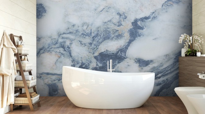 blå tilpasselig marmor tapet vægmaleri kaldet Blue Marble Effect til køkkener og badeværelser