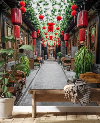 Chinese binnenplaats met rode lantaarns behang Chinese binnenplaats met rode lantaarns behang